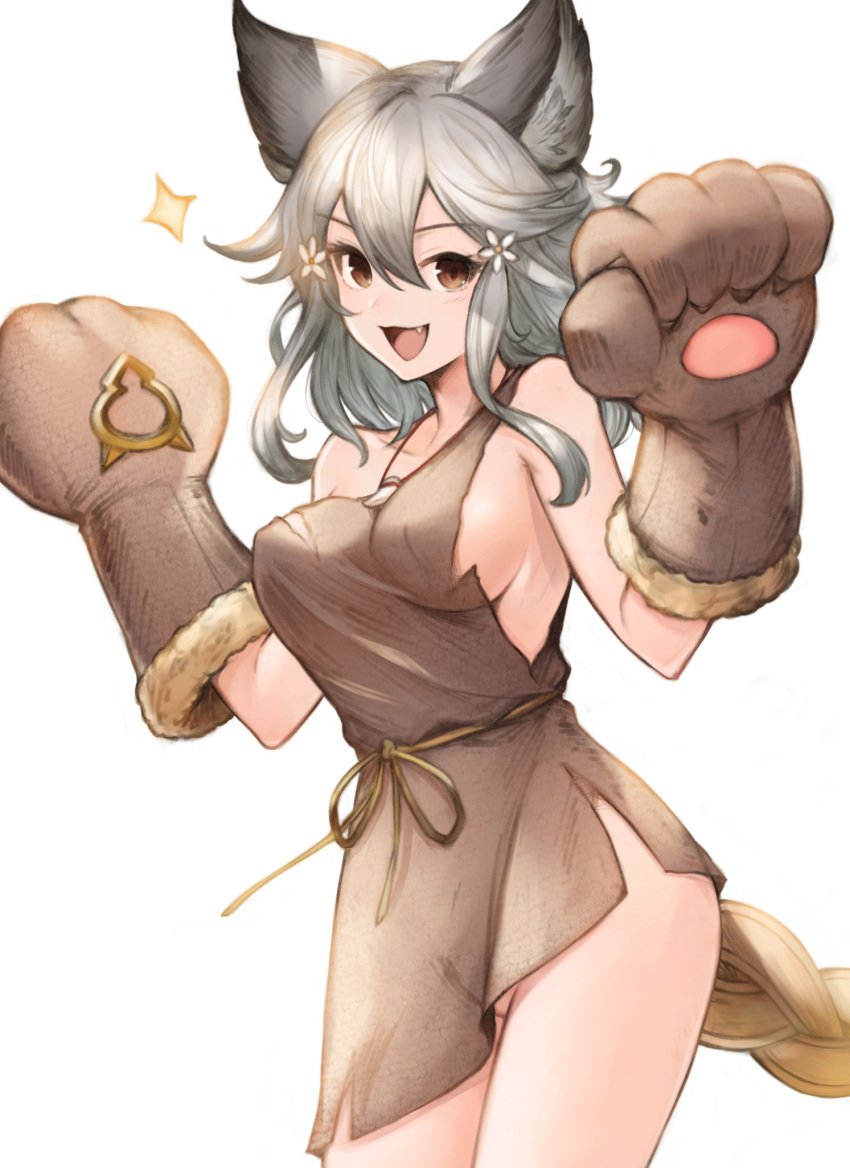 1girl :3 :d animal_ear_fluff animal_ears bangs bare_shoulders breasts brown_eyes commentary_request cowboy_shot fang flower gloves granblue_fantasy hair_between_eyes hair_flower hair_ornament hands_up highres jewelry koretsuki_azuma large_breasts long_hair looking_at_viewer necklace open_mouth paw_gloves paws sen_(granblue_fantasy) sideboob silver_hair single_strap smile solo sparkle standing tail thighs white_flower