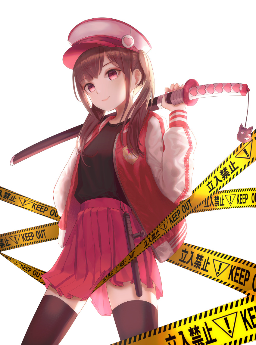 1girl absurdres backlighting black_legwear black_shirt bosumonki brown_hair caution_tape cowboy_shot earrings hand_up hat heart highres holding holding_sword holding_weapon jacket jewelry katana keep_out long_hair long_sleeves looking_at_viewer open_clothes open_jacket original over_shoulder peaked_cap pink_headwear pleated_skirt red_eyes red_jacket red_skirt sheath sheathed shirt shirt_tucked_in sidelocks simple_background skirt smile solo standing sword thigh-highs tonfa twintails weapon weapon_over_shoulder white_background zettai_ryouiki zipper