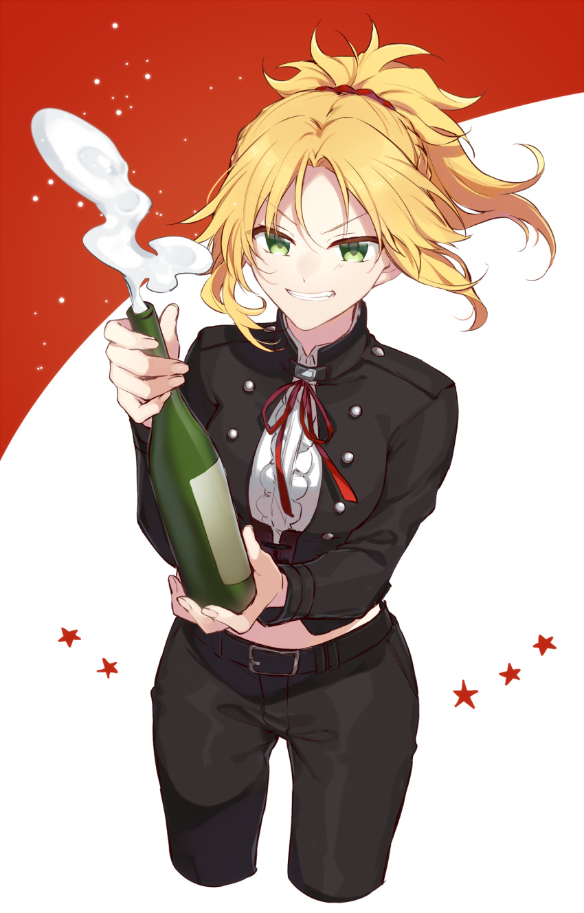 1girl alcohol alternate_costume belt belt_buckle black_pants blonde_hair braid buckle champagne citron_82 commentary_request fate/apocrypha fate_(series) formal french_braid green_eyes grin hair_ornament hair_scrunchie highres mordred_(fate) mordred_(fate)_(all) pants red_background red_scrunchie scrunchie smile star suit thigh_gap white_background
