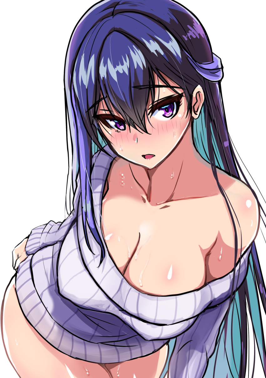 1girl bazooka_cat black_hair blush breasts cleavage collarbone cowboy_shot dress earrings forcas hair_ornament highres jewelry large_breasts long_hair long_sleeves looking_at_viewer multicolored_hair naked_sweater off_shoulder official_art open_mouth phantom_of_the_kill ribbed_dress ribbed_sweater solo sweater sweater_dress two-tone_hair violet_eyes