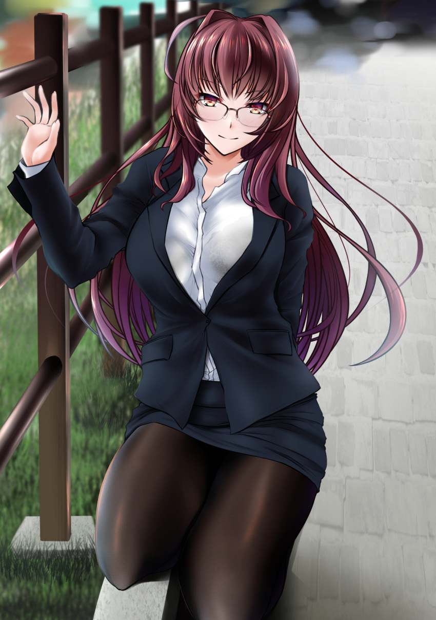 bespectacled black_bra bra breasts business_suit commentary_request day fate/grand_order fate_(series) fence formal glasses grass hair_intakes highres kneeling legs_together long_hair long_sleeves looking_at_viewer office_lady outdoors pantyhose pocket purple_hair red_eyes road scathach_(fate)_(all) scathach_(fate/grand_order) see-through skirt skirt_suit suit underwear waving yumi_(careca398)