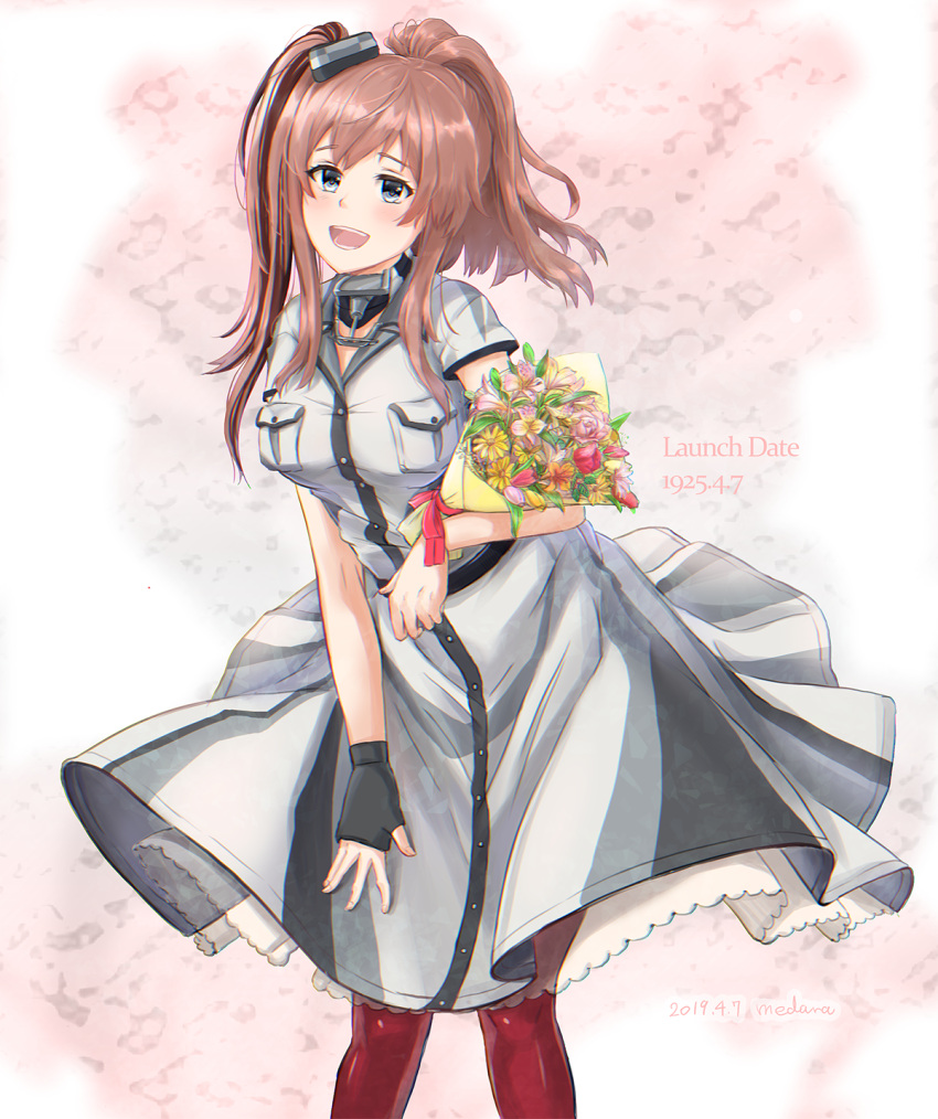 1girl anchor bouquet breast_pocket breasts brown_hair dated dress feet_out_of_frame fingerless_gloves flower garter_straps gloves grey_eyes hair_between_eyes hair_ornament highres kantai_collection large_breasts medara neckerchief open_mouth pocket ponytail red_legwear red_neckwear remodel_(kantai_collection) saratoga_(kantai_collection) side_ponytail sidelocks smile smokestack solo teeth thigh-highs white_dress