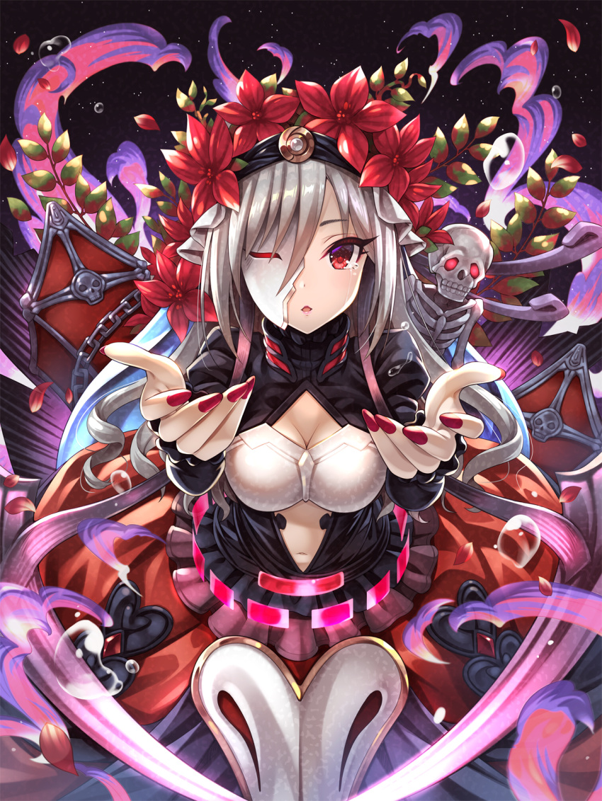 breasts broken_mask bubble cleavage commentary_request cosplay crying death_(granblue_fantasy) flower_wreath granblue_fantasy highres idolmaster idolmaster_cinderella_girls kanzaki_ranko mask medium_breasts medium_hair nail_polish navel open_mouth parted_lips petals red_eyes silver_hair skeleton skull space streaming_tears tears urabi_(tomatohouse)