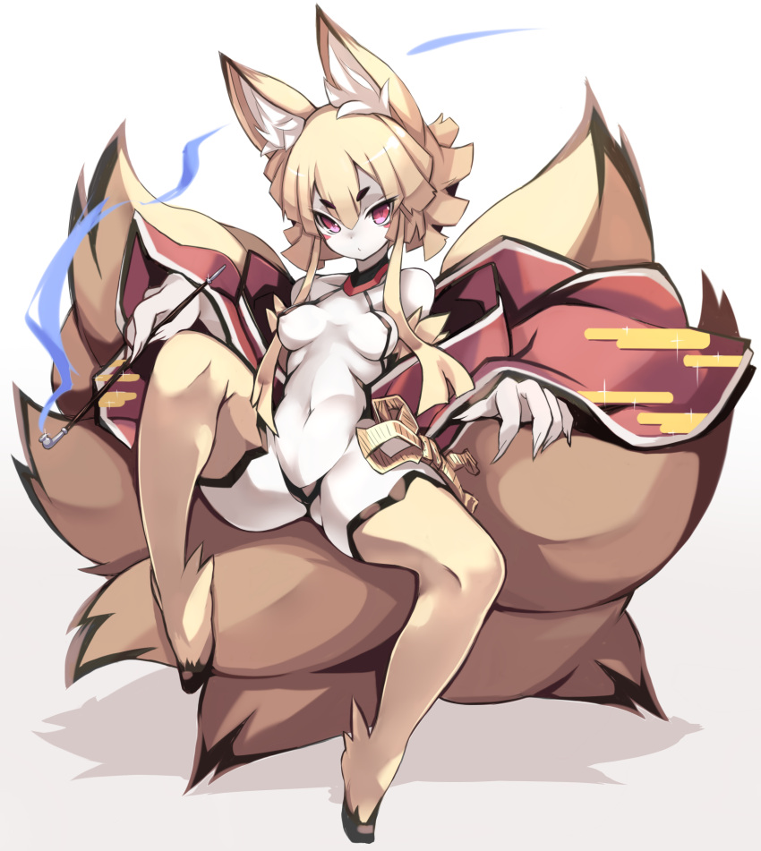 1girl animal_ears black_panties breasts brown_legwear dated detached_sleeves disgaea erect_nipples eyebrows facial_mark fox_ears highres karukan_(monjya) light_brown_hair multiple_tails navel nine-tailed_fox_(disgaea) panties pink_eyes red_eyes revealing_clothes sitting slit_pupils small_breasts solo tail thigh-highs underwear