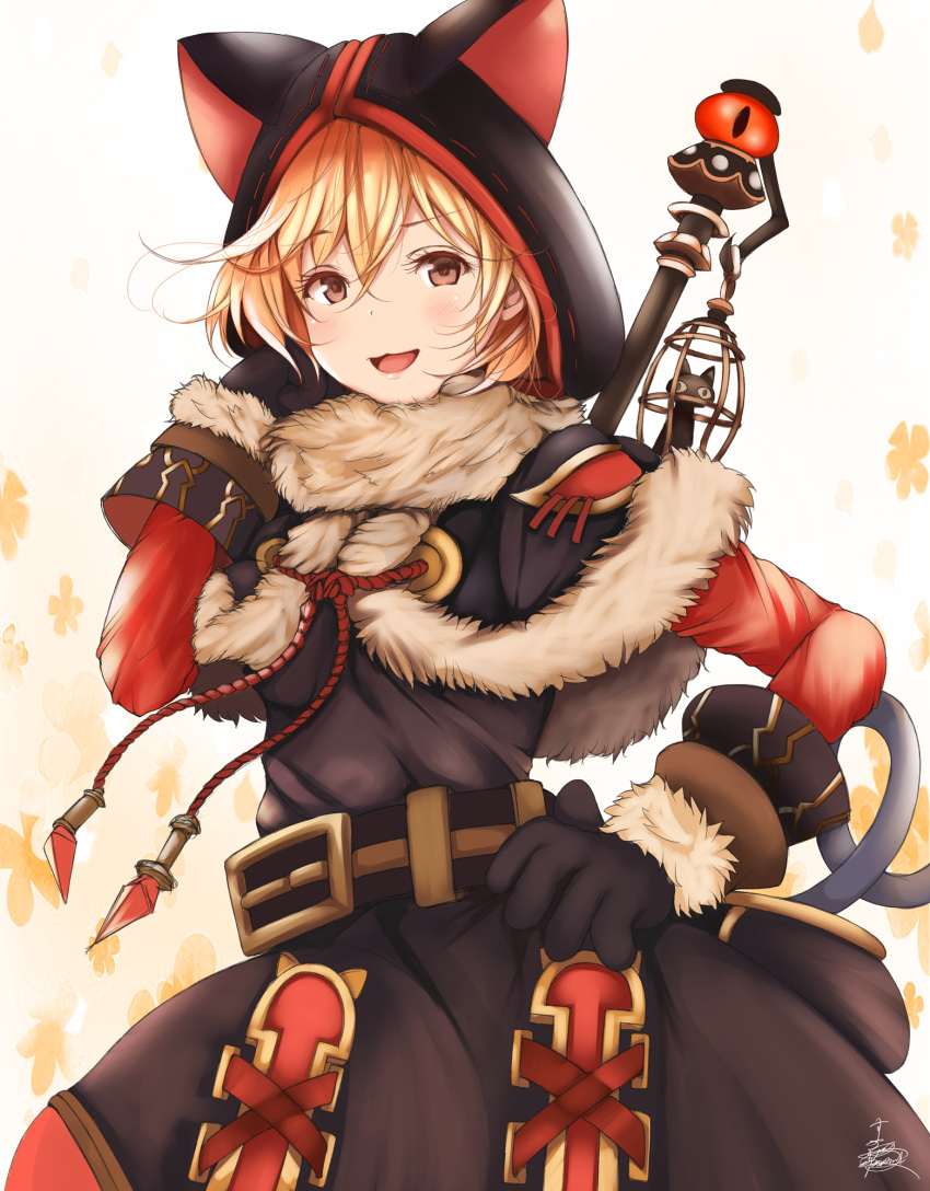 1girl :3 :d animal_ears animal_hood bangs belt black_capelet black_dress black_gloves blonde_hair brown_eyes capelet commentary_request cosplay cowboy_shot djeeta_(granblue_fantasy) dress fake_animal_ears floral_background fur_collar fur_trim gloves granblue_fantasy hair_between_eyes hand_up highres hood kuronekodoushi kuronekodoushi_(cosplay) long_sleeves looking_at_viewer open_mouth short_hair sidelocks signature smile solo standing suzume_(simple0091) tail white_background