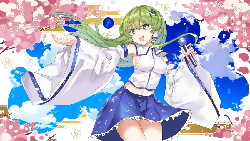 1girl :d aqua_eyes bangs bare_shoulders blue_skirt blue_sky blush breasts cherry_blossoms clouds commentary_request cowboy_shot crop_top day detached_sleeves eighth_note eyebrows_visible_through_hair floating_hair frog_hair_ornament green_hair hair_between_eyes hair_ornament hair_tubes hand_up holding holding_microphone kochiya_sanae long_hair long_sleeves medium_breasts microphone midriff musical_note navel open_mouth reaching_out rinaka_moruchi single_sidelock skirt sky smile snake_hair_ornament solo standing thighs touhou wide_sleeves