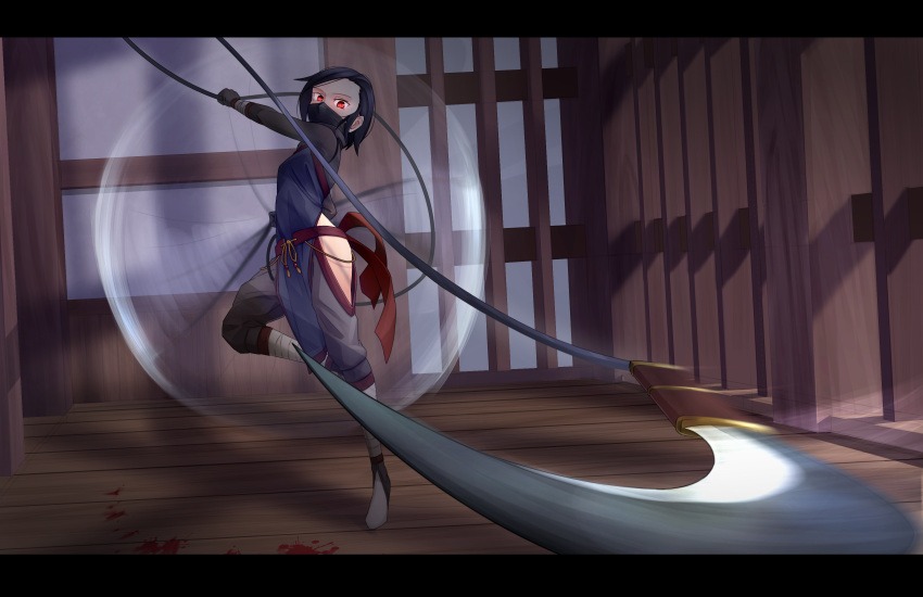 1girl blood blood_stain check_commentary commentary commentary_request glowing glowing_eyes highres indoors kis_sako kusarigama mask motion_blur ninja original red_eyes short_hair sickle solo spinning standing standing_on_one_leg weapon