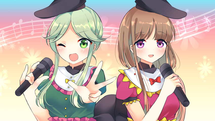 2girls :d bangs beamed_eighth_notes beige_background black_headwear blue_background blush bow breasts brown_hair commentary_request dress eighth_note eyebrows_visible_through_hair frilled_shirt_collar frills gradient gradient_background green_dress green_eyes green_hair hand_up highres holding holding_microphone looking_at_viewer microphone multiple_girls musical_note nishida_satono one_eye_closed open_mouth ougi_hina pink_background puffy_short_sleeves puffy_sleeves purple_dress short_hair_with_long_locks short_sleeves sidelocks small_breasts smile staff_(music) teireida_mai touhou upper_body violet_eyes w yellow_bow
