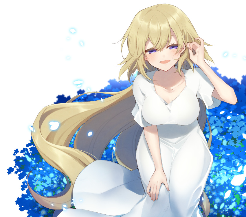 1girl absurdres bangs blonde_hair blue_flower breasts citron_82 commentary_request dress fate/apocrypha fate_(series) flower hair_between_eyes half-closed_eyes hand_in_hair hand_on_own_knee hand_on_own_leg headgear_removed highres jeanne_d'arc_(fate) jeanne_d'arc_(fate)_(all) long_hair medium_breasts petals smile solo very_long_hair violet_eyes white_background white_dress