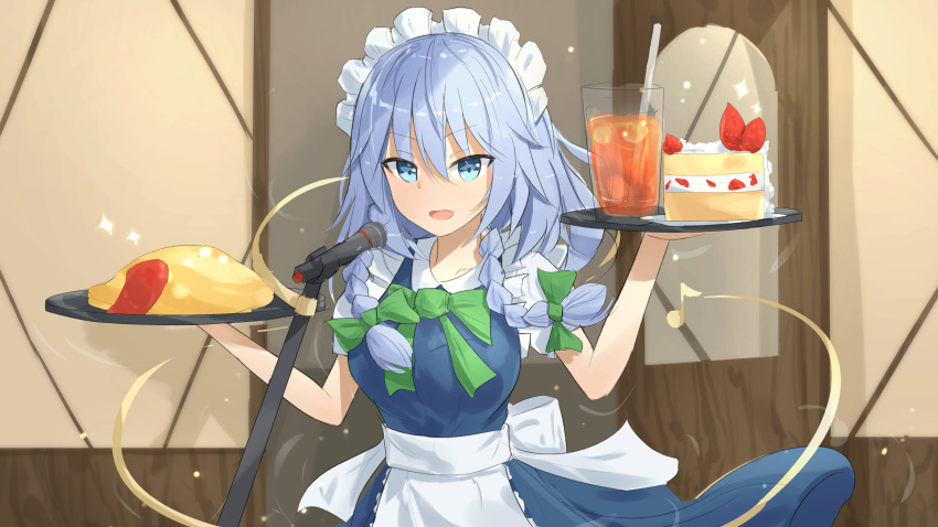 1girl absurdres apron bangs blue_dress blue_eyes bow bowtie braid breasts commentary_request cowboy_shot cup daysoon1124 dress drinking_glass drinking_straw eyebrows_visible_through_hair food fruit green_bow green_neckwear hair_between_eyes hair_bow hands_up highres holding holding_tray ice ice_cube indoors izayoi_sakuya ketchup maid maid_apron maid_headdress medium_breasts omurice open_mouth puffy_short_sleeves puffy_sleeves shirt short_hair short_sleeves silver_hair smile solo sparkle standing strawberry strawberry_shortcake touhou tray twin_braids waist_apron white_apron white_shirt