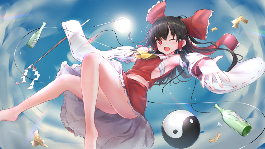 1girl ;d armpits ascot bangs bare_legs bare_shoulders barefoot black_hair blue_sky blush bottle bow breasts budget_sarashi cable commentary_request day derivative_work frilled_bow frills gohei hair_bow hair_tubes hakurei_reimu highres holding holding_microphone long_hair long_sleeves looking_at_viewer microphone midair money navel no_legwear one_eye_closed open_mouth outdoors outstretched_arm petting ponytail red_bow red_eyes red_skirt ribbon-trimmed_sleeves ribbon_trim sarashi sideboob skirt sky small_breasts smile solo spread_fingers sun thighs touhou west_(vaem5527) wide_sleeves yellow_neckwear yin_yang