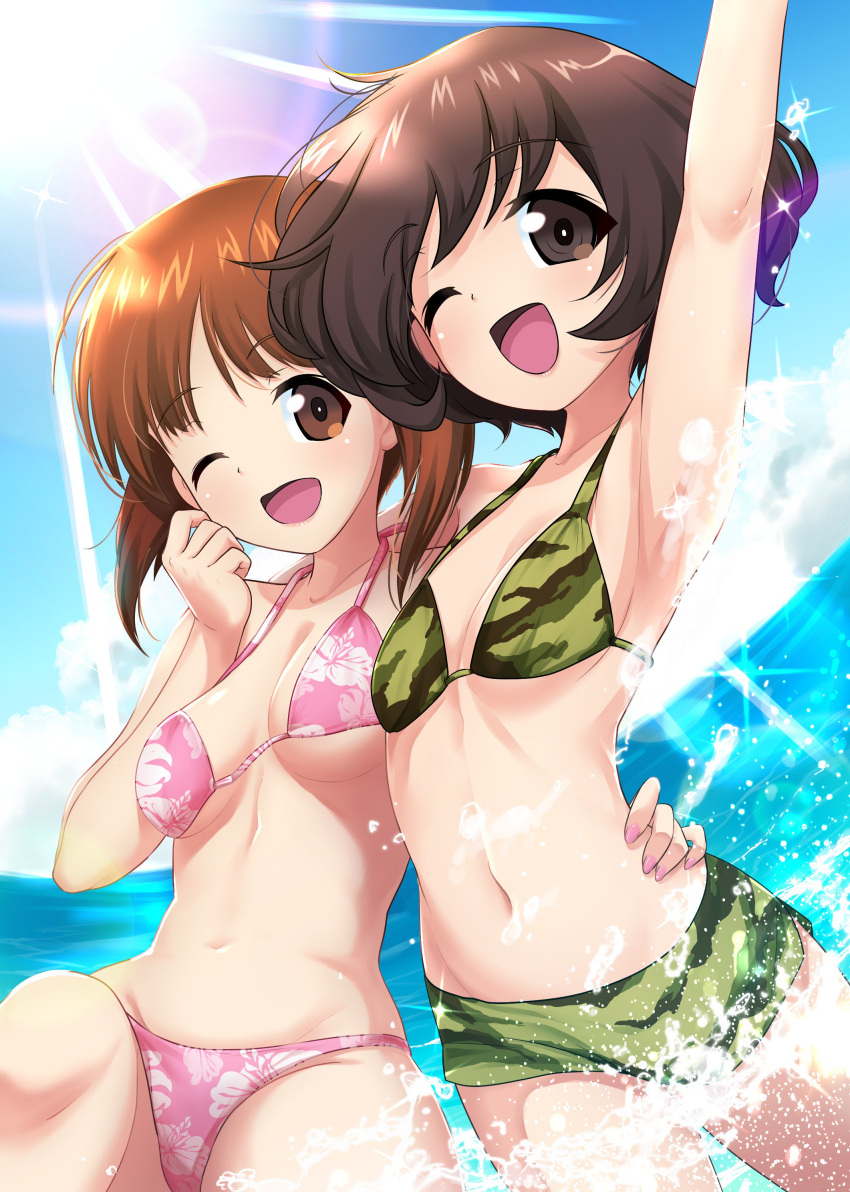 2girls absurdres akiyama_yukari arms_around_waist bikini blush breasts brown_eyes brown_hair camouflage camouflage_bikini cleavage excel_(shena) girls_und_panzer highres looking_at_viewer medium_breasts multiple_girls navel nishizumi_miho ocean open_mouth short_hair sky smile sun_flare swimsuit water