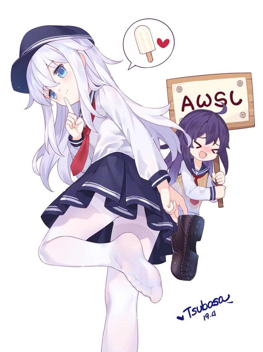 &gt;_&lt; 2girls :d absurdres ahoge akatsuki_(kantai_collection) bangs black_headwear blue_eyes blue_sailor_collar blue_skirt blush brown_footwear closed_eyes commentary_request dated eyebrows_visible_through_hair flat_cap hair_between_eyes hat heart hibiki_(kantai_collection) highres holding holding_sign kantai_collection loafers long_hair long_sleeves looking_at_viewer looking_back multiple_girls necktie no_hat no_headwear nose_blush open_mouth pantyhose pleated_skirt purple_hair red_neckwear sailor_collar shirt shoe_soles shoes shoes_removed sign signature silver_hair simple_background skirt smile soles spoken_food spoken_heart sweater_vest tsubasa_tsubasa very_long_hair white_background white_legwear white_shirt xd