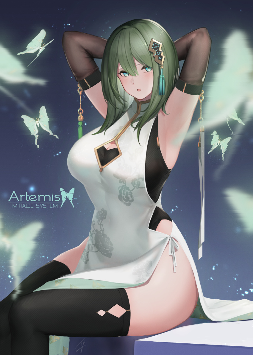1girl absurdres arm_strap armpits arms_behind_head arms_up bangs black_gloves black_legwear black_leotard blush breasts bug butterfly china_dress chinese_clothes cleavage cleavage_cutout dress elbow_gloves eyebrows_visible_through_hair gloves gold green_dress green_eyes green_hair hair_between_eyes hair_ornament hayabusa highres huge_filesize insect large_breasts leotard long_hair looking_at_viewer mole mole_under_eye open_mouth original paid_reward side-tie_costume sidelocks sitting solo tassel thigh-highs very_long_hair