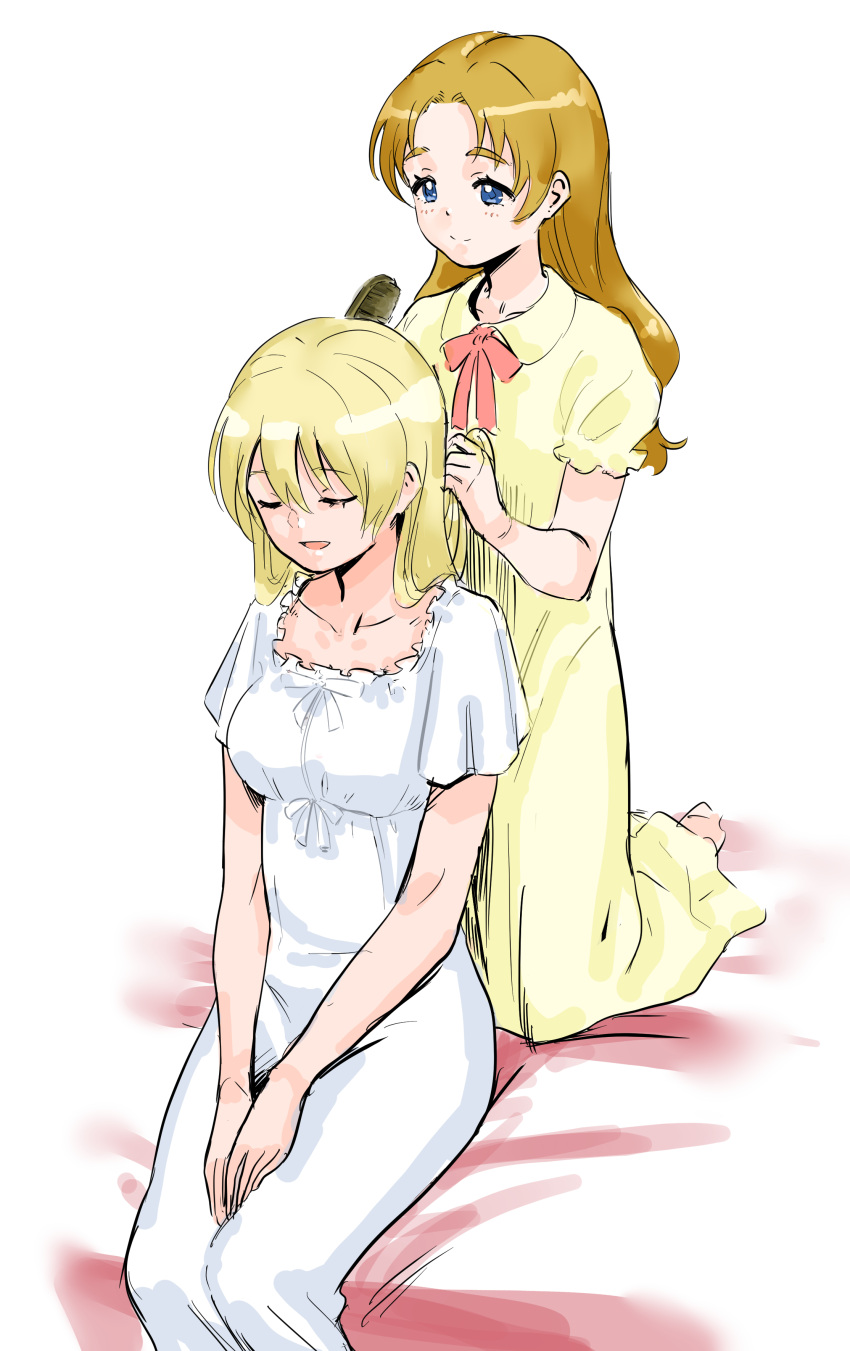 2girls absurdres alternate_hairstyle bangs bed brushing_another's_hair closed_eyes closed_mouth commentary darjeeling dress english_commentary girls_und_panzer hair_down hands_on_lap highres hisaki kneeling light_blush light_smile long_dress long_hair multiple_girls nightgown on_bed open_mouth orange_pekoe short_sleeves sitting smile white_dress yellow_dress