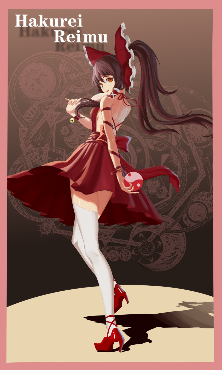 1girl absurdres alternate_costume backless_dress backless_outfit bell border bow breasts brown_eyes brown_hair candy character_name dress food full_body hair_bow hair_tubes hakurei_reimu high_heels highres lollipop long_hair looking_at_viewer looking_back medium_breasts ponytail red_dress red_footwear ribbon shadow sidelocks sleeveless sleeveless_dress solo standing standing_on_one_leg thigh-highs thighs tongue tongue_out touhou white_legwear wristband yin_yang yue_ling_yu