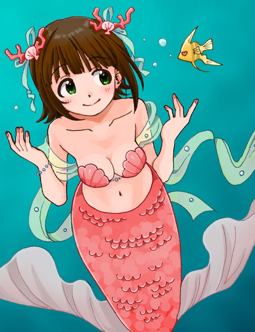 1girl amami_haruka bangs bare_shoulders blush bracelet breasts brown_hair bubble cleavage commentary_request coral eyebrows_visible_through_hair fish green_eyes hair_ribbon heart heart_eyes highres idolmaster idolmaster_(classic) jewelry looking_to_the_side medium_breasts mermaid monster_girl nail_polish naruse_ill navel ocean pearl_bracelet pink_nails ribbon shawl shell shell_bikini short_hair smile solo strapless strapless_bikini tropical_fish underwater