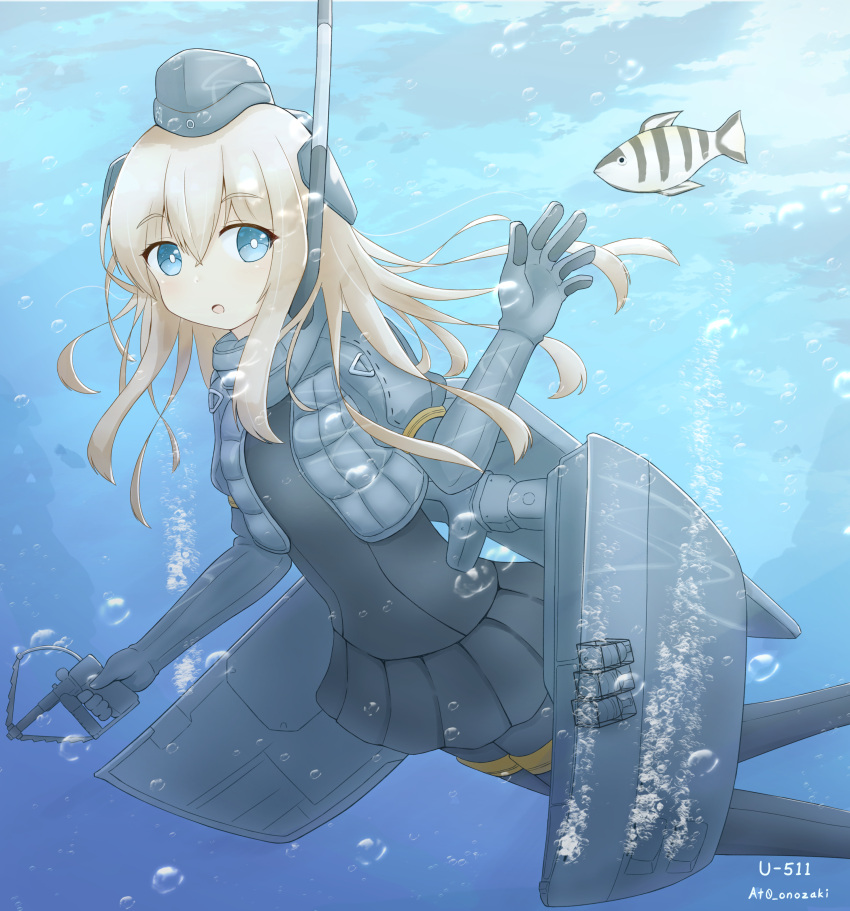 1girl 1other absurdres air_bubble black_bodysuit blonde_hair blue_eyes bodysuit bubble commentary_request cropped_jacket fish garrison_cap hat highres kancolle_arcade kantai_collection long_hair long_sleeves looking_at_viewer machinery military military_uniform pale_skin puffy_long_sleeves puffy_sleeves shonasan snorkel u-511_(kantai_collection) underwater uniform waving wetsuit