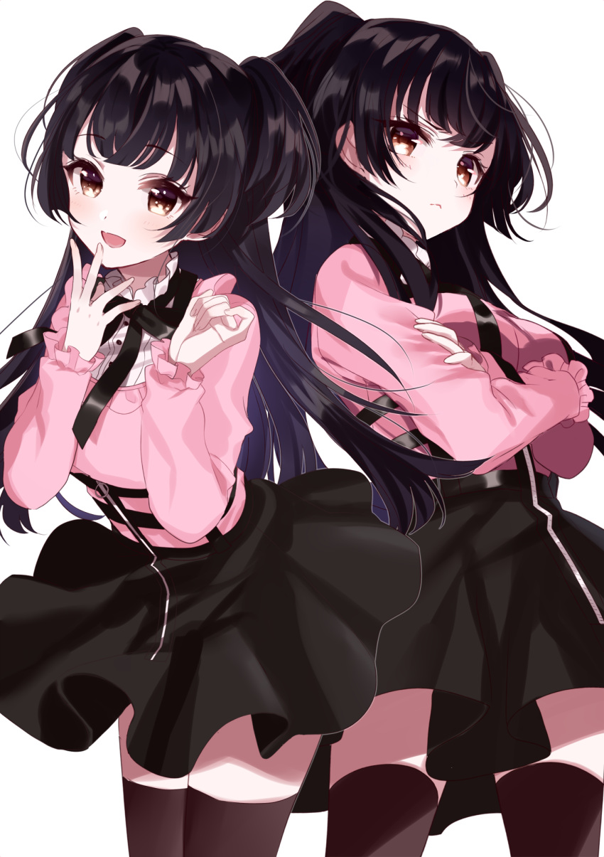 2girls :d bangs black_bow black_hair black_skirt blush bow brown_eyes brown_legwear closed_mouth commentary_request crossed_arms dress_shirt dual_persona eyebrows_visible_through_hair hands_up highres idolmaster idolmaster_shiny_colors jacket long_hair long_sleeves looking_at_viewer mayuzumi_fuyuko misumi_(macaroni) multiple_girls open_mouth pink_jacket pleated_skirt shirt simple_background skirt sleeves_past_wrists smile thigh-highs two_side_up very_long_hair white_background white_shirt