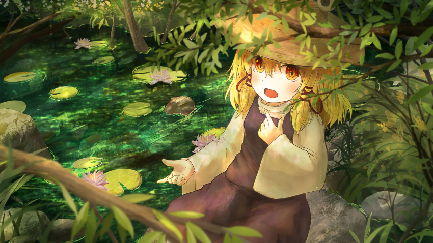 1girl absurdres blonde_hair blurry blush commentary_request day depth_of_field ekaapetto flower hair_between_eyes hair_ribbon hand_on_own_chest hat high_collar highres lily_pad long_sleeves looking_at_viewer lotus medium_hair moriya_suwako open_mouth outdoors purple_skirt purple_vest ribbon rock shirt sidelocks sitting sitting_on_rock skirt solo touhou tree vest water white_shirt yellow_eyes