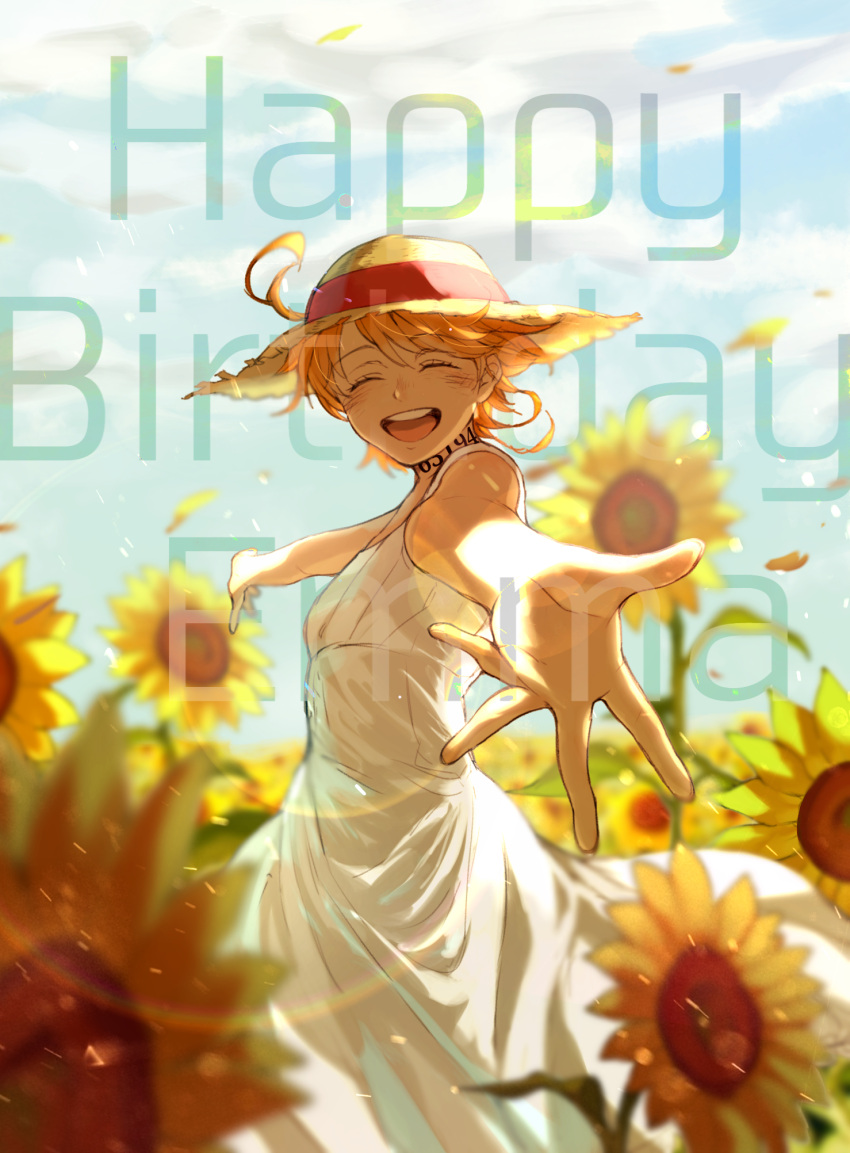 1girl ahoge blue_sky blurry blurry_background blush character_name closed_eyes clouds day dress emma_(yakusoku_no_neverland) facing_viewer flower happy happy_birthday hat highres mao_(pixiv_id_21075262) neck_tattoo orange_hair outstretched_hand petals short_hair sky smile solo standing straw_hat sun_hat sunflower tattoo white_dress yakusoku_no_neverland