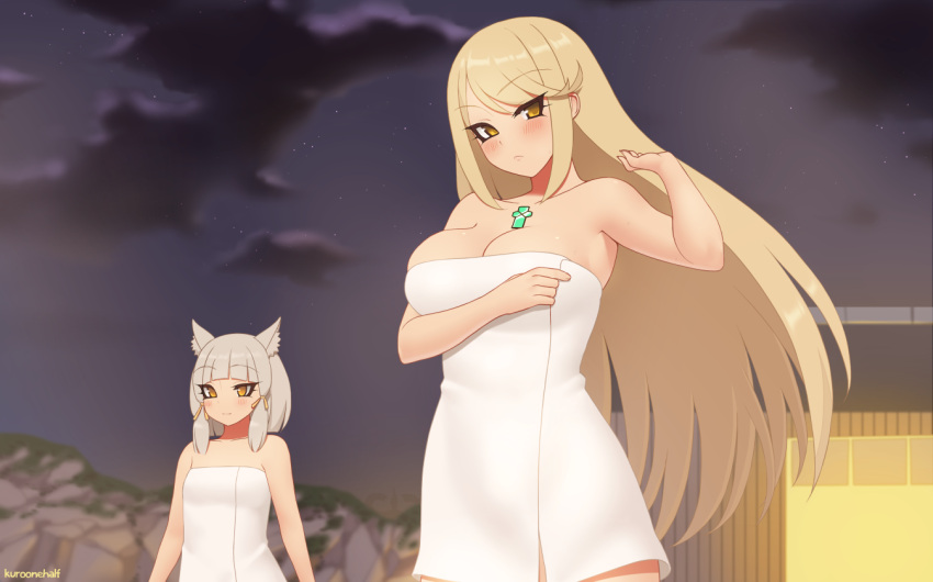 2girls animal_ear_fluff animal_ears artist_name bangs blonde_hair blunt_bangs breasts cat_ears clouds commentary english_commentary eyebrows_visible_through_hair eyes_visible_through_hair frown grey_hair hair_ribbon mythra_(xenoblade) kuroonehalf large_breasts long_hair looking_at_viewer multiple_girls naked_towel night night_sky nintendo niyah outdoors ribbon short_hair sky towel xenoblade_(series) xenoblade_2 yellow_eyes yellow_ribbon