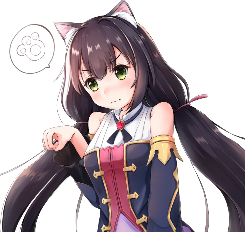 1girl animal_ear_fluff animal_ears bangs black_hair black_sleeves blush breasts cat_ears closed_mouth collared_shirt commentary_request detached_sleeves eyebrows_visible_through_hair fang fang_out green_eyes hair_between_eyes hand_up kyaru_(princess_connect) long_hair long_sleeves low_twintails mctom paw_pose princess_connect! princess_connect!_re:dive shirt simple_background sleeveless sleeveless_shirt small_breasts solo spoken_paw twintails upper_body v-shaped_eyebrows very_long_hair wavy_mouth white_background white_shirt