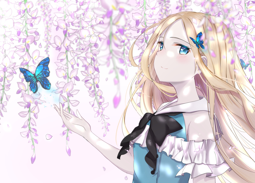 1girl abigail_williams_(fate/grand_order) absurdres alternate_costume bangs bare_shoulders black_bow black_neckwear blonde_hair blue_eyes blush bow bug butterfly commentary_request fate/grand_order fate_(series) from_side highres insect leaf long_hair looking_at_viewer outdoors parted_bangs sleeveless smile solo takenoko_27074918