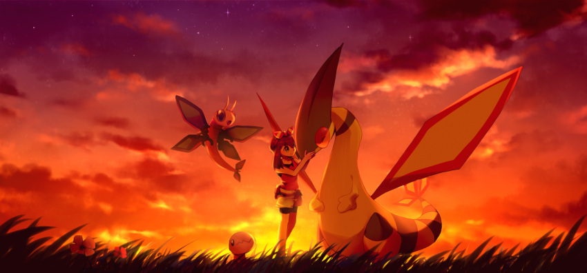 1girl backlighting bike_shorts black_shorts blue_eyes brown_hair creatures_(company) evening flower flygon game_freak gen_3_pokemon hairband haruka_(pokemon) long_hair nintendo outdoors pink_flower pokemon pokemon_(creature) pokemon_(game) pokemon_oras red_flower red_hairband red_shirt ribero scenery shirt short_shorts shorts shorts_under_shorts sky sleeveless sleeveless_shirt standing star_(sky) starry_sky striped striped_hairband trapinch white_shorts