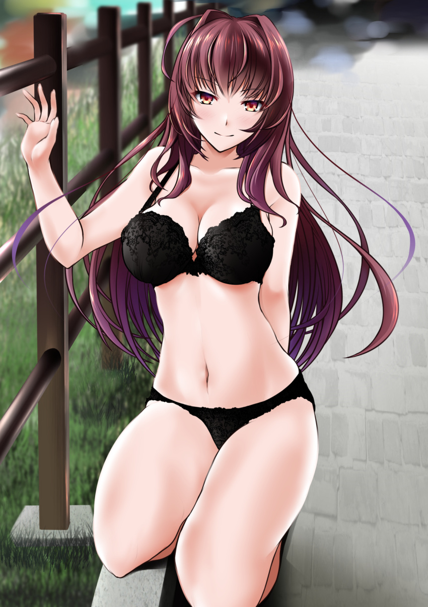 black_bra black_panties bra breasts day fate/grand_order fate_(series) fence formal grass hair_intakes highres kneeling large_breasts legs_together lingerie long_hair looking_at_viewer navel panties purple_hair red_eyes scathach_(fate)_(all) scathach_(fate/grand_order) underwear yumi_(careca398)