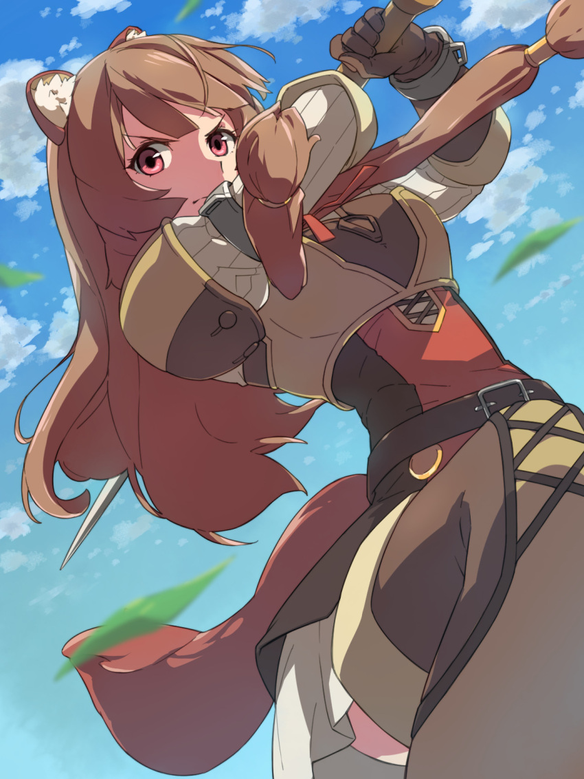 1girl animal_ears blue_sky brown_legwear chiharu_(9654784) closed_mouth clouds day highres holding holding_sword holding_weapon long_hair looking_at_viewer raccoon_ears raccoon_girl raccoon_tail raphtalia red_eyes skirt sky solo sword tail tate_no_yuusha_no_nariagari weapon white_skirt