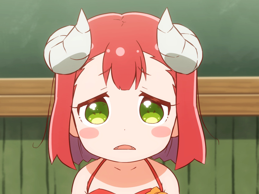 1girl blurry blurry_background blush chibi commentary_request d: endro! eyebrows_visible_through_hair face fangs green_eyes horns indoors long_hair looking_at_viewer mao_(endro!) open_mouth portrait redhead shirosato short_hair solo