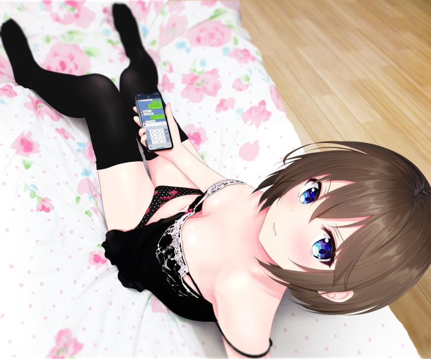 1girl arm_support bangs bare_shoulders bed_sheet black_legwear black_panties blue_eyes blurry blush breasts brown_hair camisole cellphone cleavage closed_mouth collarbone depth_of_field downblouse from_above highres holding holding_cellphone holding_phone indoors knees_up leaning_back looking_at_viewer looking_up mito_ichijyo navel on_bed original panties phone polka_dot polka_dot_panties short_hair sitting small_breasts smartphone solo spaghetti_strap strap_slip thigh-highs underwear underwear_only v-shaped_eyebrows whatsapp wooden_floor
