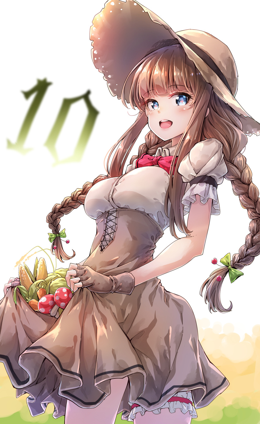 +_+ .live 1girl :d absurdres bangs blue_eyes blurry blurry_background blush bow braid breasts brown_gloves brown_hair brown_headwear brown_skirt carrying corn darjeeling_(reley) depth_of_field dress_shirt eyebrows_visible_through_hair fingerless_gloves gloves green_bow hair_bow hat high-waist_skirt highres kakyouin_chieri long_hair low_twintails medium_breasts mushroom open_mouth puffy_short_sleeves puffy_sleeves round_teeth shirt short_sleeves simple_background skirt skirt_basket smile solo sun_hat teeth twin_braids twintails upper_teeth very_long_hair virtual_youtuber white_background white_shirt