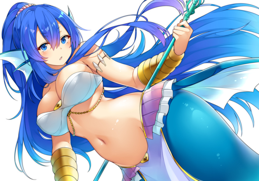 1girl arm_strap bangs bare_shoulders bikini blue_eyes breasts cleavage commentary dutch_angle english_commentary eyebrows_visible_through_hair hair_between_eyes head_fins high_ponytail highres holding holding_staff large_breasts loincloth long_hair looking_at_viewer matsunoki_(unknown_751) mermaid monster_girl navel original showgirl_skirt simple_background solo staff stomach strapless strapless_bikini swimsuit v-shaped_eyebrows very_long_hair white_background white_bikini