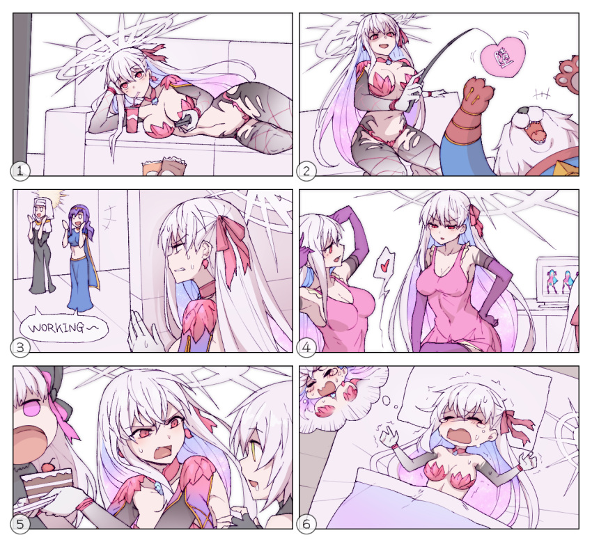 breasts cake chinese_commentary comic commentary_request couch dreaming dress fate/grand_order fate_(series) food halo jack_the_ripper_(fate/apocrypha) kama_(fate/grand_order) large_breasts lavender_hair long_hair lying me!me!me! multiple_girls numbered_panels nursery_rhyme_(fate/extra) pink_dress red_eyes sleeping tears trembling very_long_hair waero