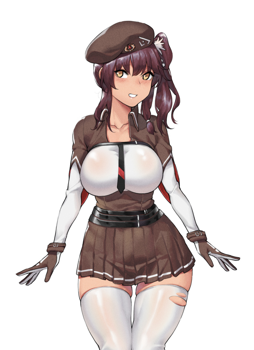 1girl bangs belt beret blush breasts brown_hair chest_strap collarbone cowboy_shot dark_skin eyebrows_visible_through_hair framed_breasts girls_frontline gloves hair_between_eyes hair_ornament hat highres large_breasts long_hair looking_at_viewer mimyo necktie parted_lips pleated_skirt purple_hair saiga-12_(girls_frontline) side_ponytail simple_background skindentation skirt solo thigh-highs torn_clothes torn_legwear white_background white_legwear yellow_eyes zettai_ryouiki