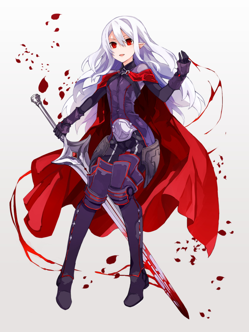 1girl armored_boots blood bloody_weapon boots cape faulds full_body grey_background highres long_hair looking_at_viewer open_mouth petals pixiv_fantasia pixiv_fantasia_last_saga pointy_ears red_eyes simple_background solo sword thigh-highs thigh_boots tori_(10ri) weapon white_hair