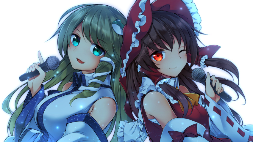 2girls :d ;) absurdres back-to-back bare_shoulders blush bow breasts brown_hair detached_sleeves frog_hair_ornament green_eyes green_hair hair_bow hair_ornament hair_tubes hakurei_reimu highres holding holding_microphone kochiya_sanae large_breasts long_hair looking_at_viewer medium_breasts microphone midori_(misuriru8) multiple_girls nontraditional_miko one_eye_closed open_mouth red_eyes ribbon-trimmed_sleeves ribbon_trim simple_background smile snake_hair_ornament touhou upper_body white_background wide_sleeves