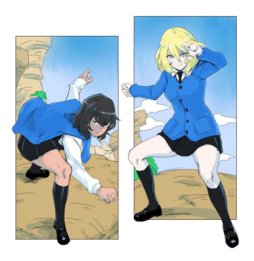 2girls absurdres andou_(girls_und_panzer) bangs bc_freedom_school_uniform black_footwear black_hair black_legwear black_neckwear black_skirt black_vest blonde_hair blue_eyes blue_sky blue_sweater brown_eyes cardigan clenched_hand cliff closed_mouth clouds cloudy_sky dark_skin day dragonball_z dress_shirt fighting_stance frown girls_und_panzer highres hisaki kneehighs loafers long_sleeves looking_at_viewer medium_hair messy_hair miniskirt multiple_girls necktie oshida_(girls_und_panzer) outdoors outside_border pleated_skirt school_uniform shirt shoes skirt sky smile standing sweatdrop sweater sweater_around_neck vest white_shirt wing_collar