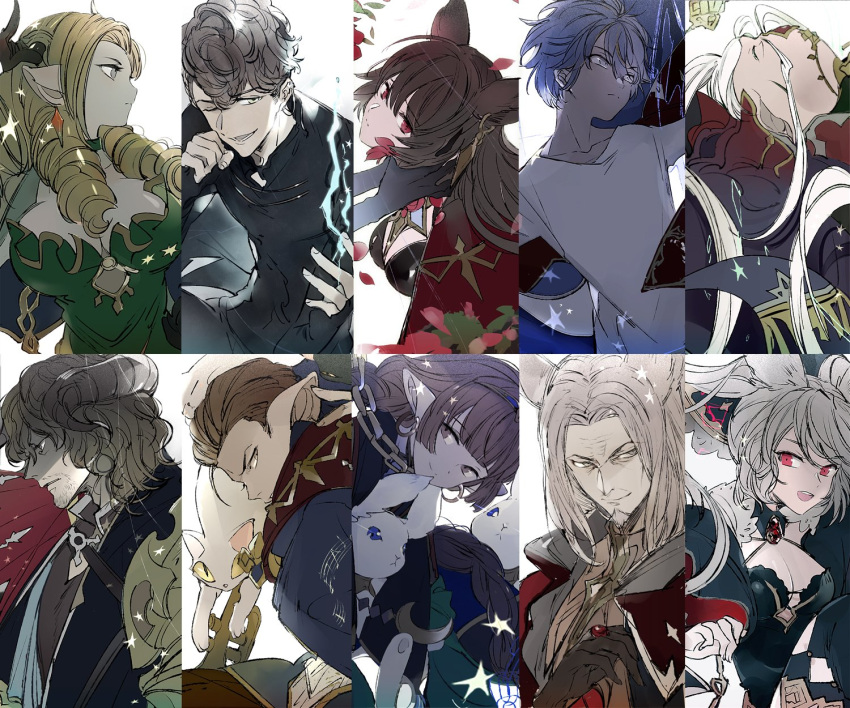 4girls 6+boys alanaan animal_ears beard blonde_hair braid breasts brown_hair caim_(granblue_fantasy) cat cleavage closed_eyes draph drill_hair ear_piercing erune estarriola facial_hair fraux geisenborger goatee granblue_fantasy grey_eyes haaselila hair_slicked_back harvin highres horns katzelia lobelia_(granblue_fantasy) long_eyebrows long_hair low_twintails multiple_boys multiple_girls niia one_eye_closed piercing rabbit red_eyes robe short_hair silver_hair suou teresa_(granblue_fantasy) tiara twin_drills twintails white_hair yellow_eyes