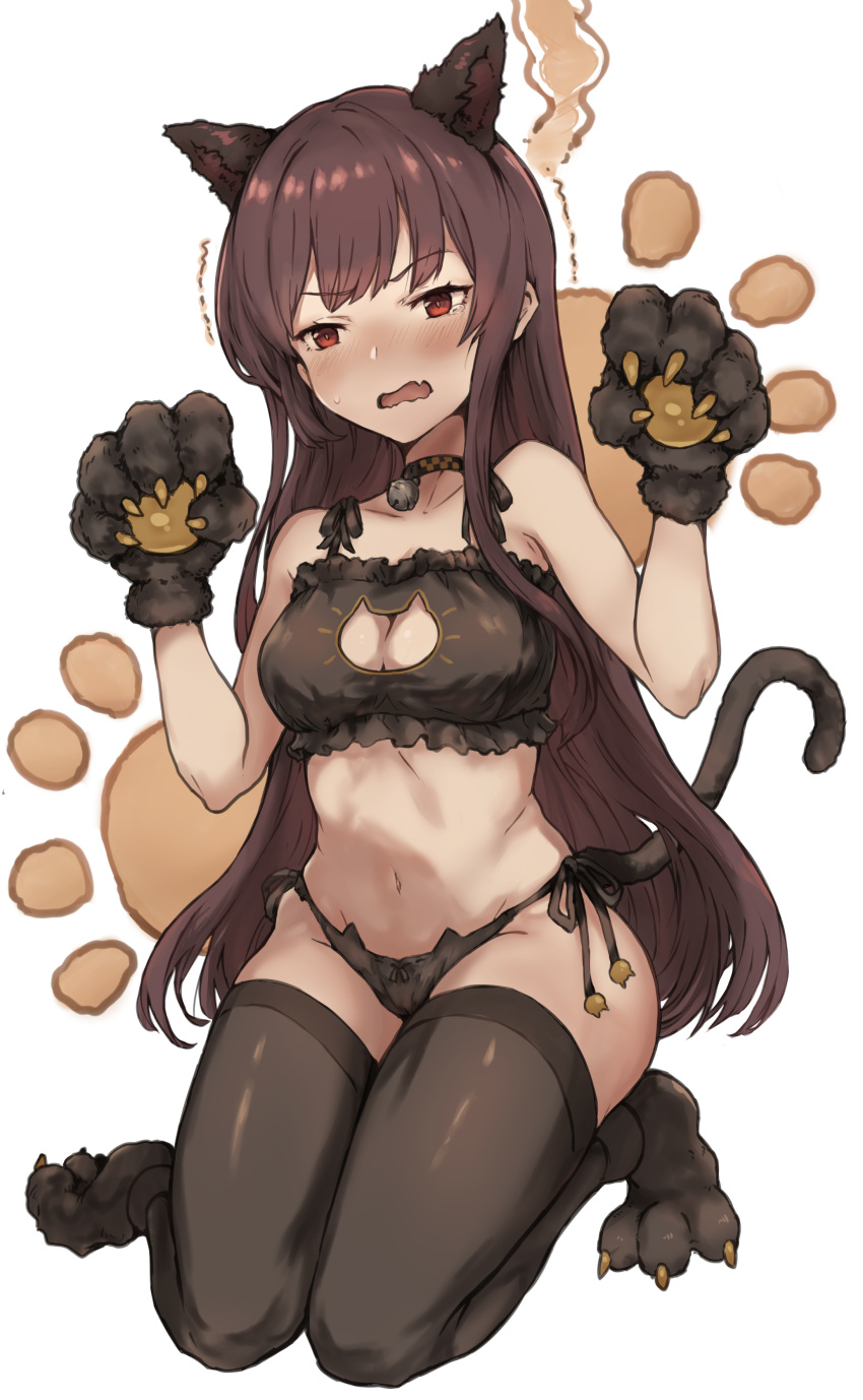 1girl absurdres animal_ears bangs bare_shoulders bell bell_choker black_bra black_legwear black_panties black_ribbon blush bra breasts cat_ear_panties cat_ears cat_lingerie cat_tail choker claws cleavage cleavage_cutout closed_eyes collarbone commentary_request embarrassed fang frilled_bra frills full_body girls_frontline gloves hand_up highres jingle_bell kemonomimi_mode kintsuba kneeling long_hair looking_at_viewer medium_breasts meme_attire motion_lines navel nose_blush panties paw_background paw_gloves paw_shoes paws purple_hair red_eyes redhead ribbon shoes side-tie_panties skin_fang solo stomach tail tearing_up tears thigh-highs trembling underwear underwear_only v-shaped_eyebrows wa2000_(girls_frontline) wavy_mouth white_background