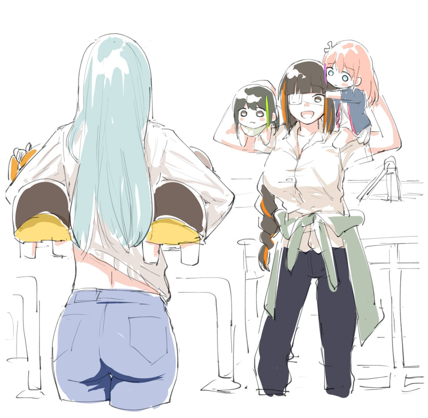 404_(girls_frontline) 6+girls anti-rain_(girls_frontline) ass carrying_over_shoulder carrying_under_arm chibi clothes_around_waist commentary_request denim eyepatch from_behind girls_frontline highres hk416_(girls_frontline) jacket_around_waist jeans m16a1_(girls_frontline) m4a1_(girls_frontline) multiple_girls pants playground shinoe_nun siblings sisters st_ar-15_(girls_frontline) twins ump45_(girls_frontline) ump9_(girls_frontline) younger
