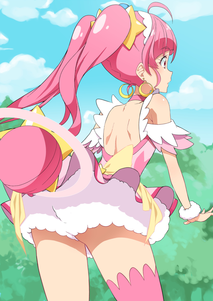 1girl backless_outfit blue_sky choker clouds commentary_request cure_star day earrings eyebrows_visible_through_hair from_behind highres hoshina_hikaru jewelry long_hair magical_girl outdoors pink_choker pink_eyes pink_hair pink_legwear precure single_thighhigh sky solo star_twinkle_precure thigh-highs twintails yellow_earrings yuto_(dialique)