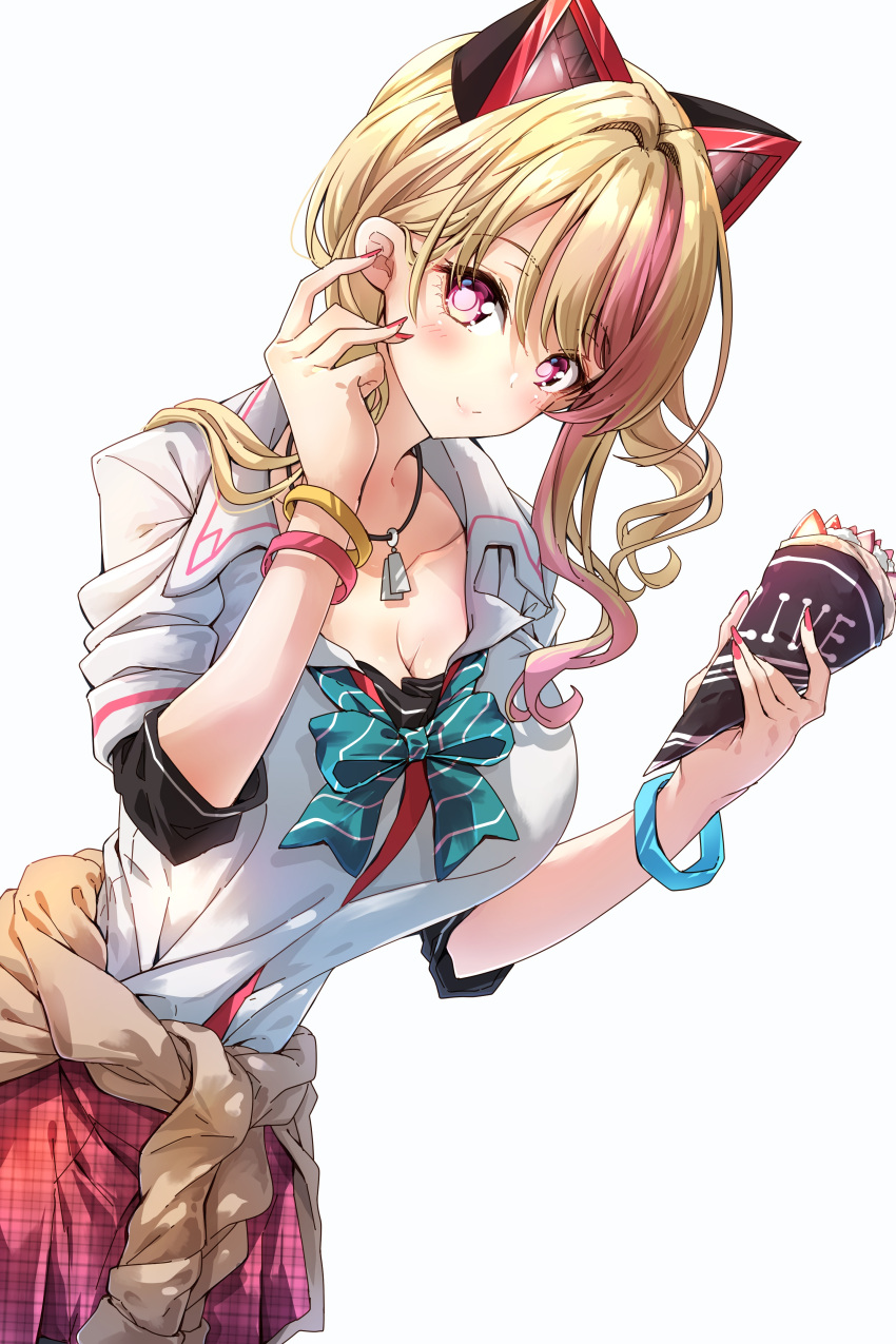 .live 1girl absurdres animal_ears bangs blazer blonde_hair blue_bow blush bow breasts brown_jacket cleavage closed_mouth clothes_around_waist collarbone collared_shirt crepe darjeeling_(reley) diagonal_stripes dress_shirt eyebrows_visible_through_hair fake_animal_ears fingernails food hair_between_eyes head_tilt highres holding holding_food jacket large_breasts leaning_forward multicolored_hair nail_polish nekonoki_mochi pink_hair plaid plaid_skirt red_nails red_skirt school_uniform shirt short_sleeves simple_background skirt smile solo streaked_hair striped striped_bow violet_eyes virtual_youtuber white_background white_shirt