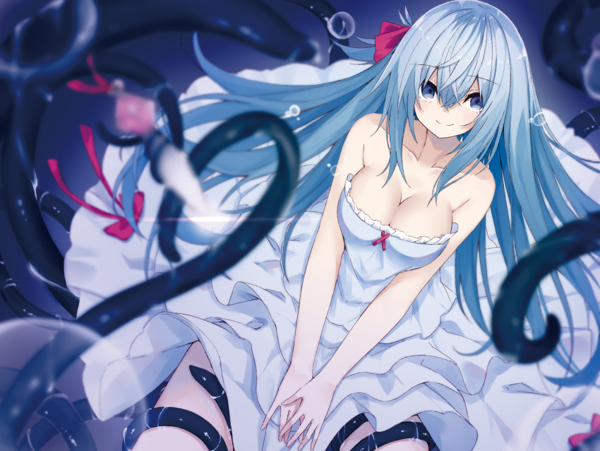 1girl bare_shoulders blue_eyes bow breasts bubble cleavage dress hair_between_eyes hair_bow highres kavka light_blue_hair looking_at_viewer medium_breasts original red_bow smile solo tentacle white_dress