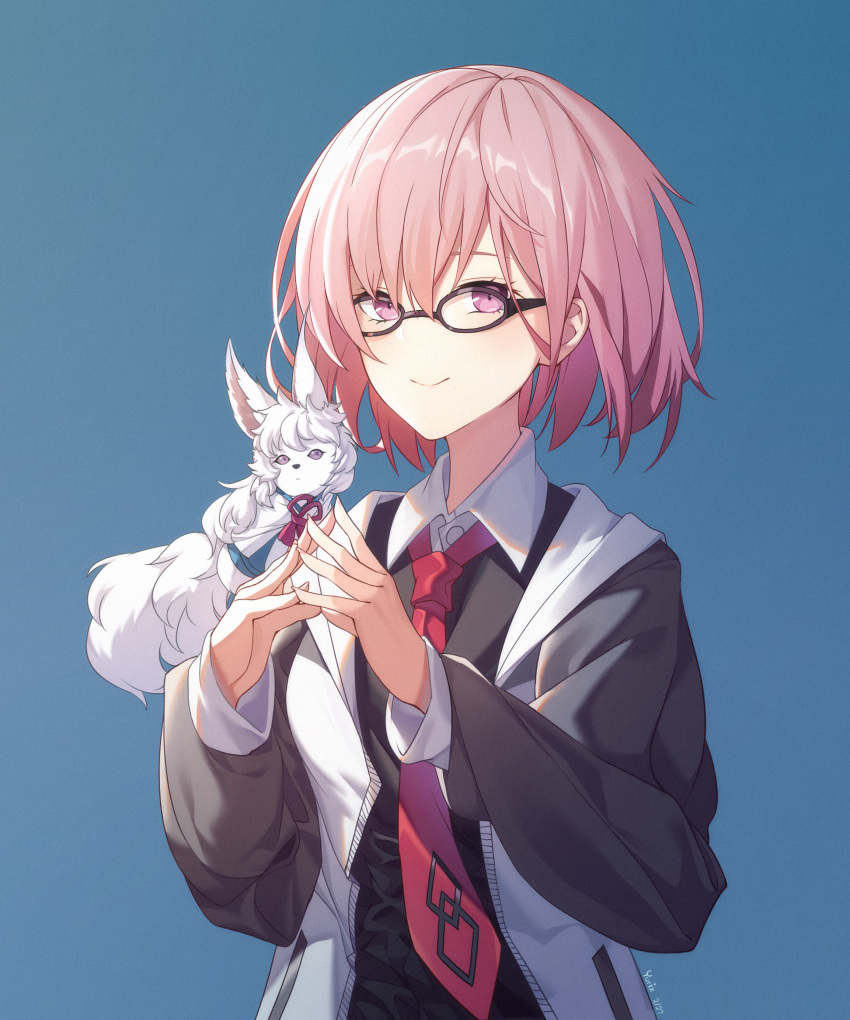 1girl absurdres animal animal_on_shoulder black-framed_eyewear black_sleeves blue_background collared_shirt fate/grand_order fate_(series) fou_(fate/grand_order) glasses highres hood hood_down hooded_jacket jacket long_sleeves looking_at_viewer mash_kyrielight necktie open_clothes open_jacket pink_hair print_neckwear red_neckwear shirt short_hair smile solo upper_body violet_eyes white_jacket white_shirt wing_collar yurix