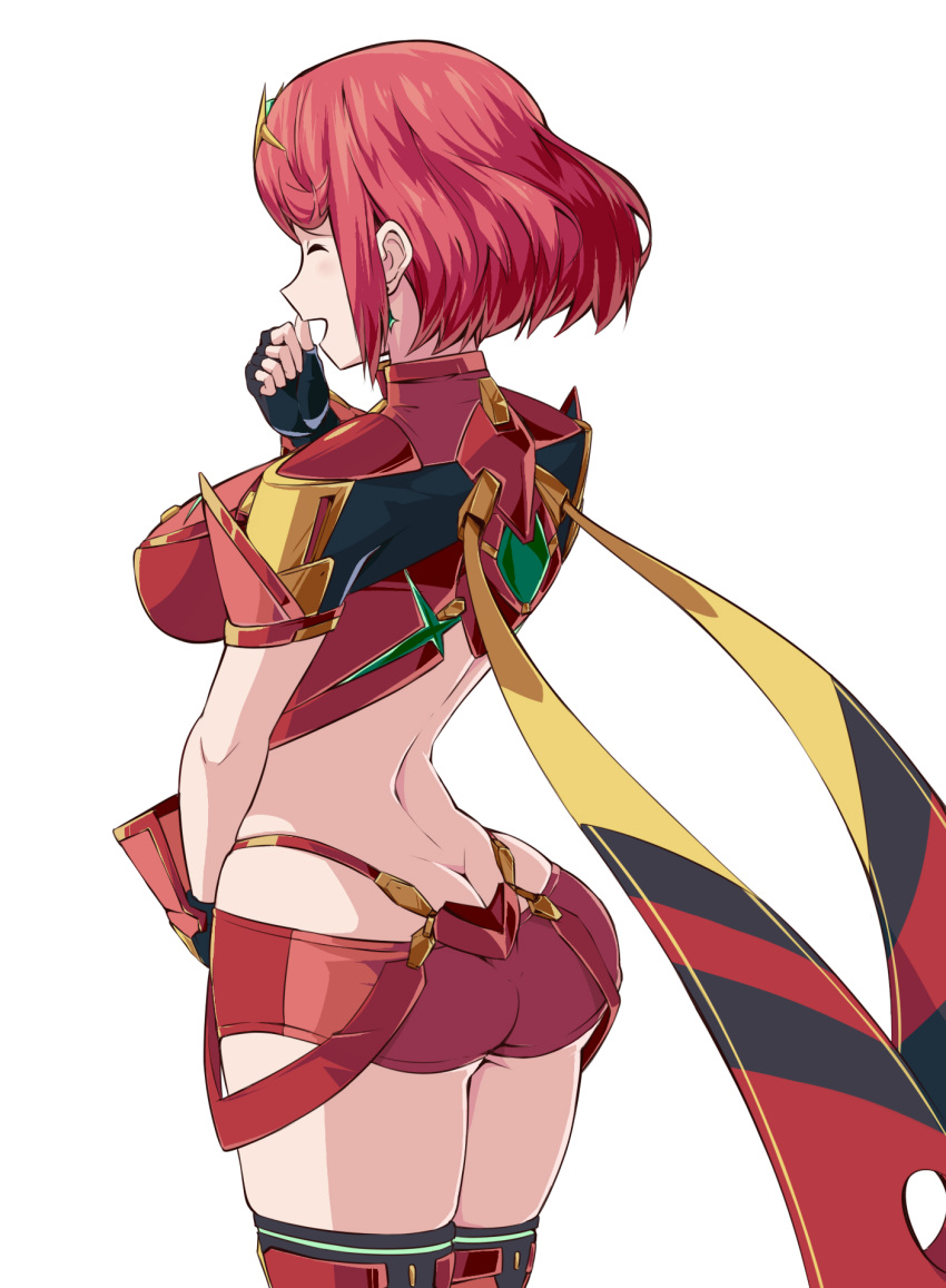 1girl arched_back ass back bangs bare_back black_gloves black_legwear blush breasts butt_crack closed_eyes cowboy_shot earrings fingerless_gloves from_behind gem gloves headpiece highres pyra_(xenoblade) jewelry large_breasts laughing nintendo open_mouth profile red_shorts redhead short_hair short_shorts shorts shoulder_armor simple_background skindentation smile solo suzusiigasuki swept_bangs thigh-highs tiara white_background wrist_guards xenoblade_(series) xenoblade_2