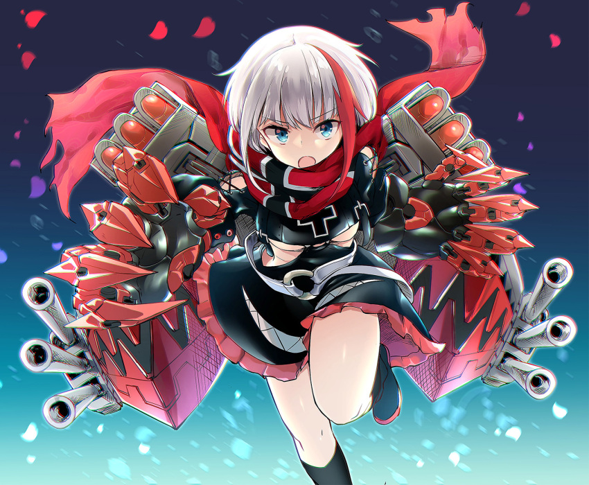 1girl :o admiral_graf_spee_(azur_lane) azur_lane black_dress black_footwear black_legwear blue_eyes breasts claws commentary_request dress highres huge_claws kneehighs leg_up looking_at_viewer machinery multicolored_hair open_mouth oshishio petals red_scarf redhead rigging sanpaku scarf shoes short_hair silver_hair small_breasts solo standing standing_on_one_leg streaked_hair thighs torpedo_launcher torpedo_tubes turret under_boob v-shaped_eyebrows