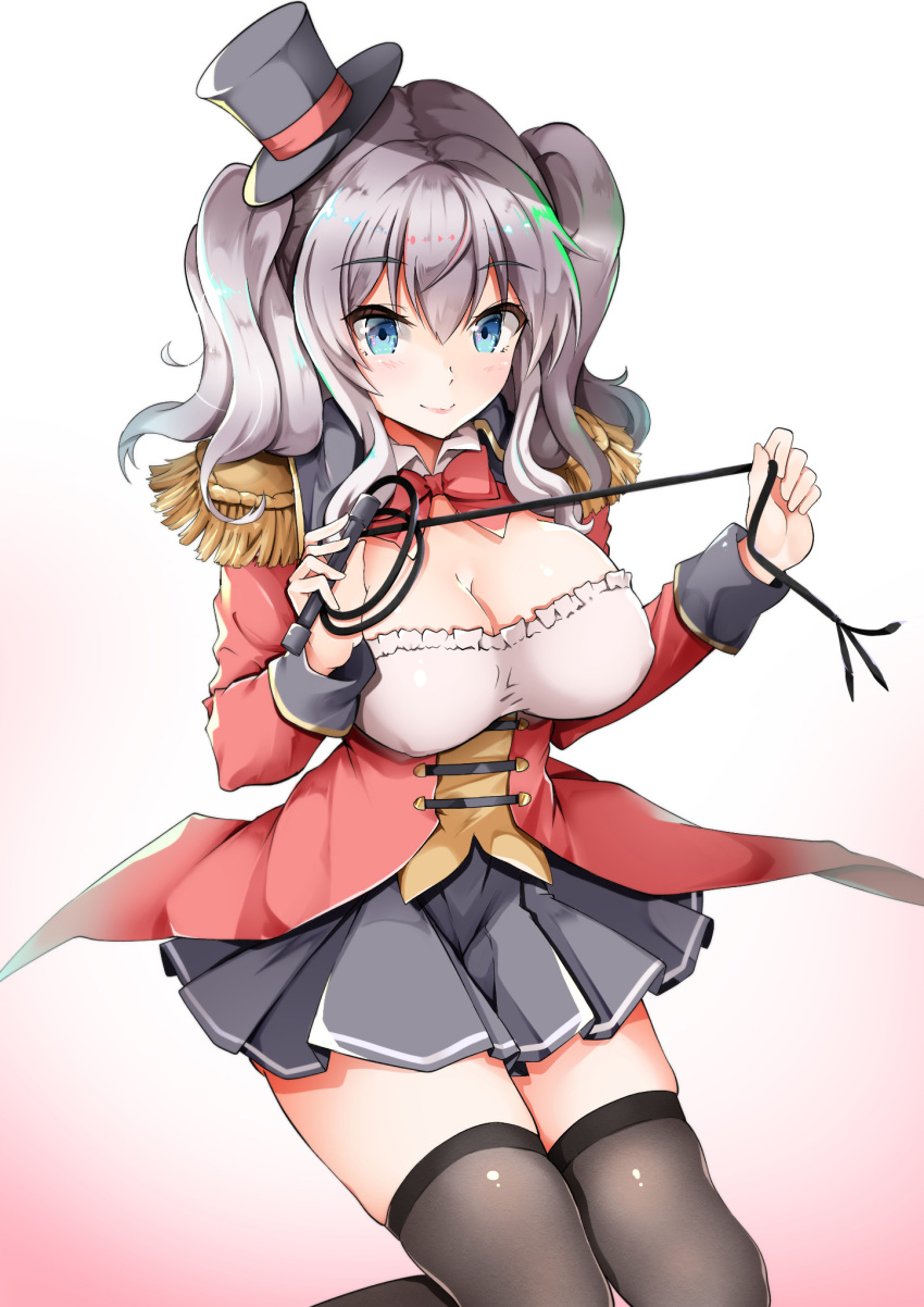 1girl alternate_costume black_headwear black_legwear black_skirt blue_eyes bow bowtie breasts cleavage epaulettes eyebrows_visible_through_hair gradient gradient_background hair_between_eyes hat highres jacket kantai_collection kashima_(kantai_collection) large_breasts long_sleeves mini_hat miniskirt pleated_skirt red_jacket red_neckwear sezoku sidelocks silver_hair skirt solo thigh-highs thighs twintails wavy_hair whip